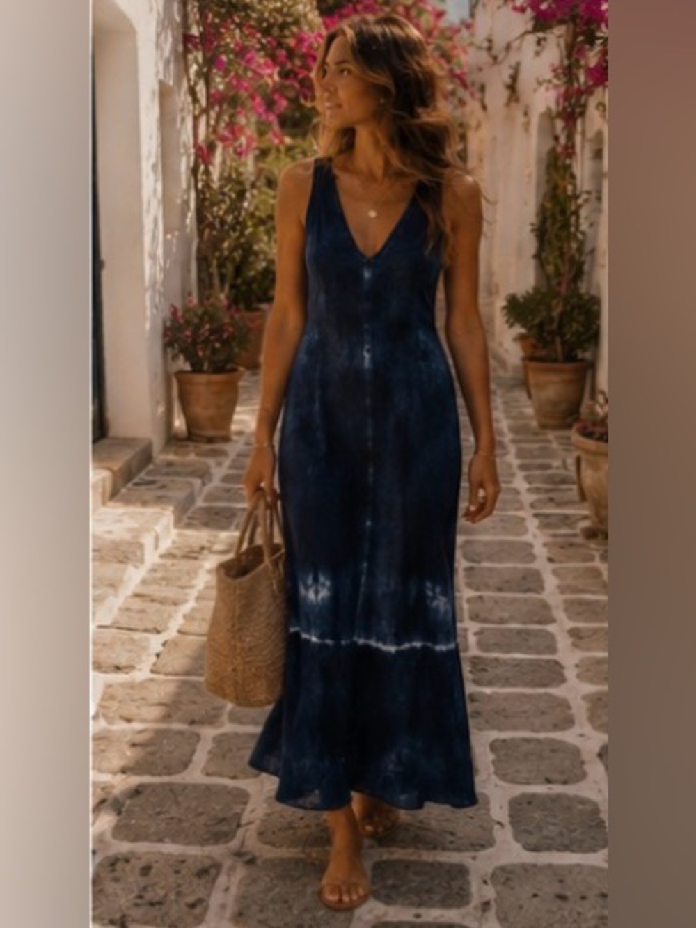 Stone & Sky Tie Dye Double V Midi Dress Blue Coastal Boho Chic